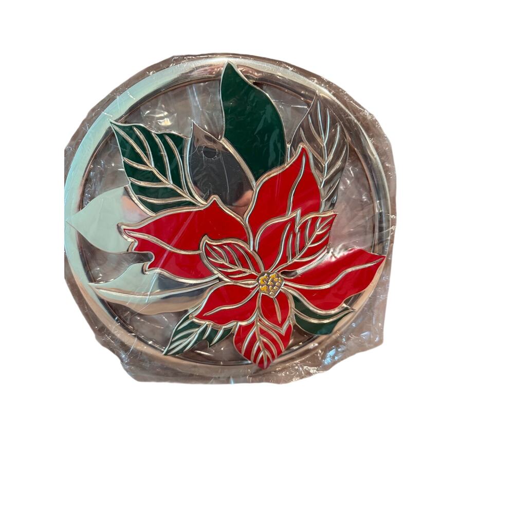 Vintage Stained Glass Style Poinsettia Round Trivet, made in Japan